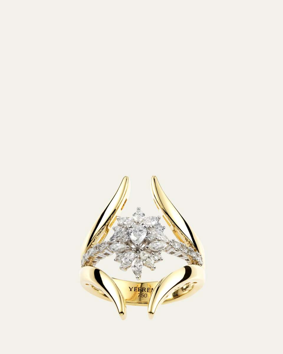 18K Yellow Gold Round, Pear and Marquise Diamond Split Cluster Ring
